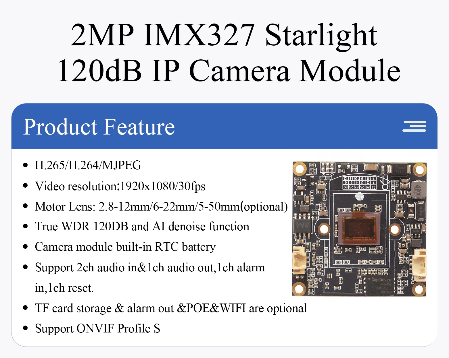 2MP IMX327 Starlight IP Camera Module,HI3516CV610 Chips,1/2.8Inch ...