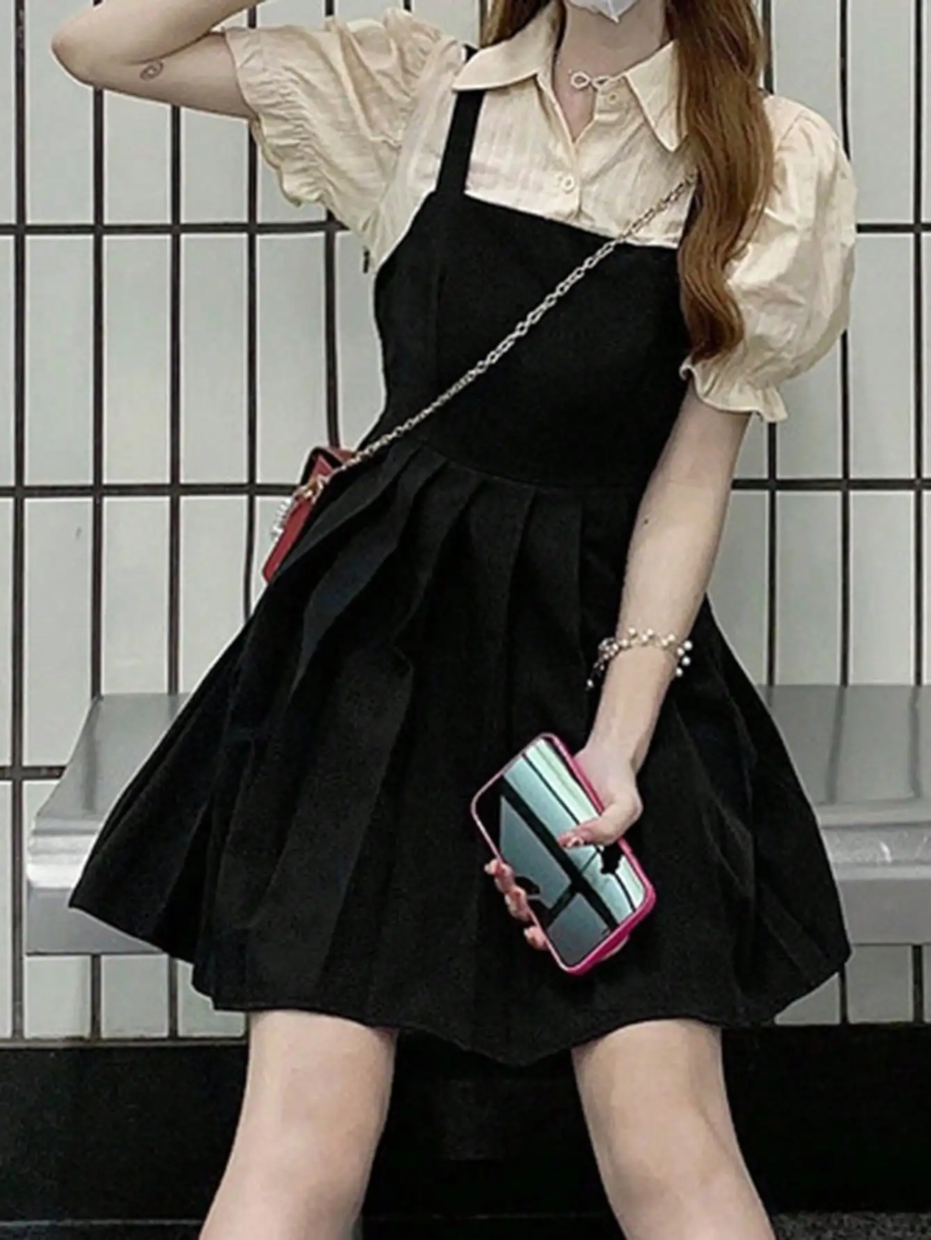 Shop Women's Korean Style Black Pleated Dress - Casual & Kawaii