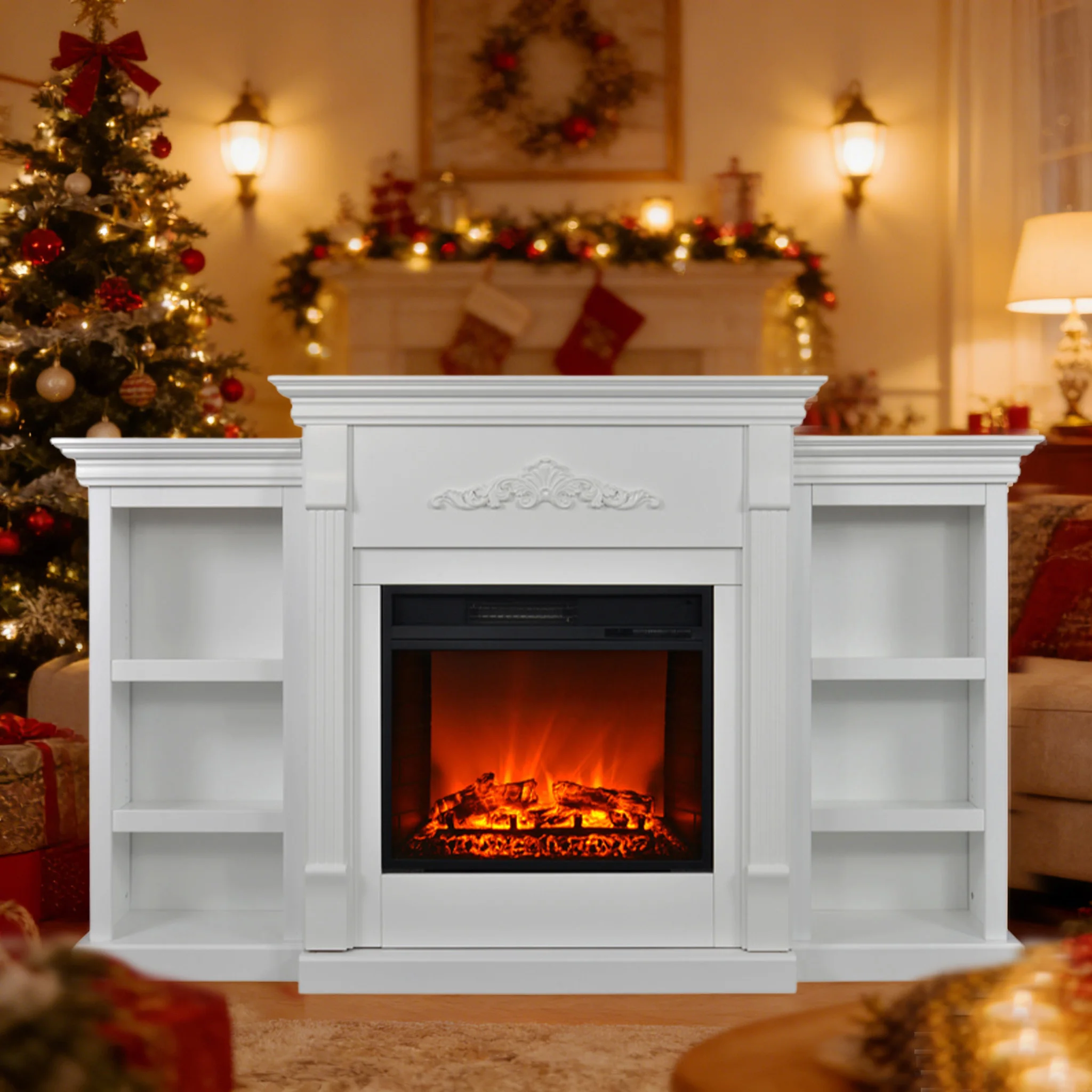 Moderner Luxus Led Elektrokamin Mit Verkleidung 70'' Holz Weiß Wohnungsdekoration