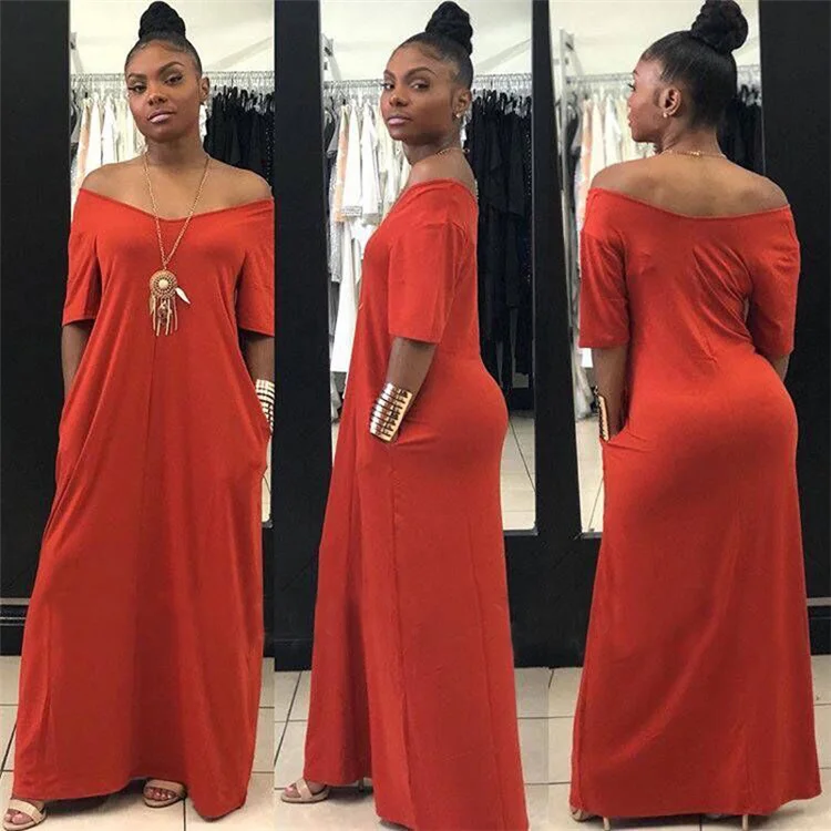 Free Sample Drop Shipping Sexy Fashion Solid Color V Neck Woman Solid Casual Loose Long Maxi Dress