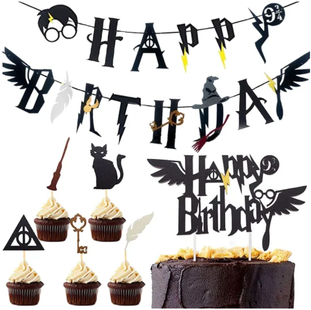 Wizard Party Supplies Cupcake Cake Toppers With Birthday Banner for Harry Themed Wizard Themed Happy Birthday Wizard Party Decor