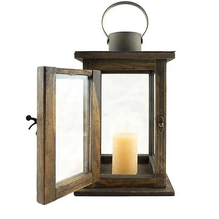 Candle Lantern Rustic Pine Wooden Candle Hurrican Lantern with Rope Handle 