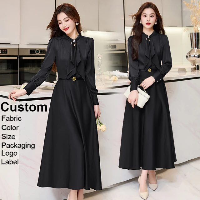 Custom Elegant Dress Autumn And Spring New Elegant Black Long Sleeves Satin A-line Dress With belt Women's Clothing Dress