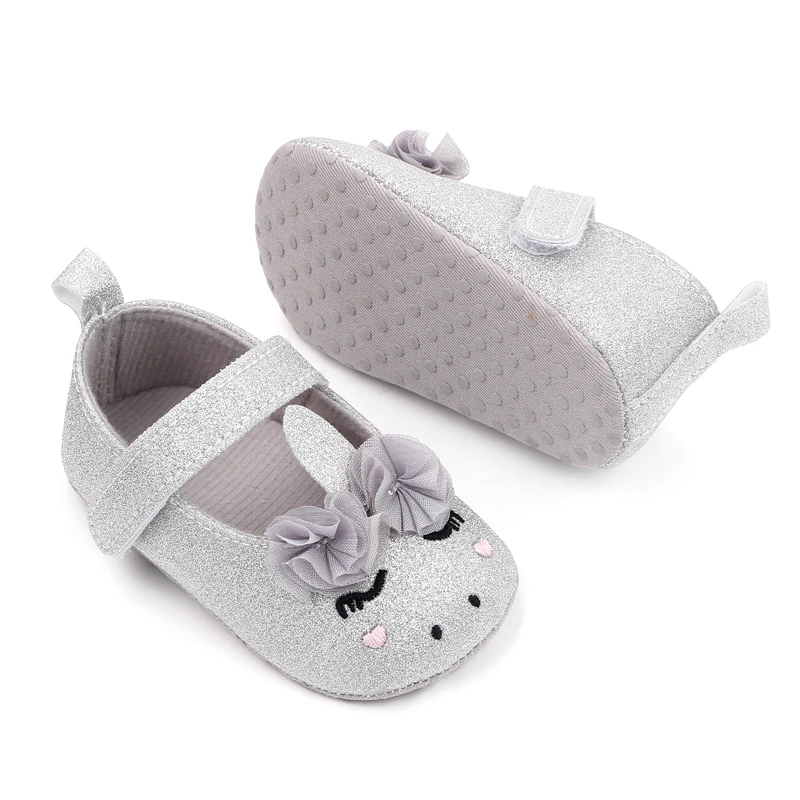 Glitter Cute unicorn Baby Girls Soft Sole Shallow Mouth Cartoon Flower Princess Toddler Shoes supplier