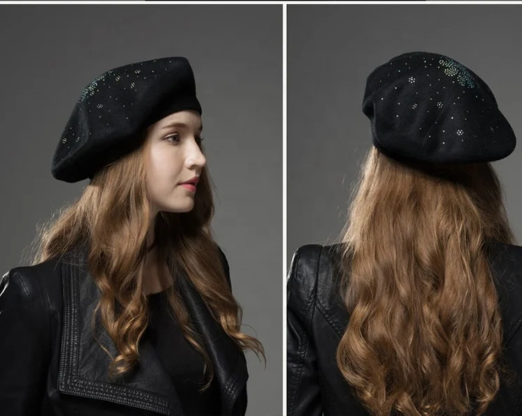 ladies black knitted beret