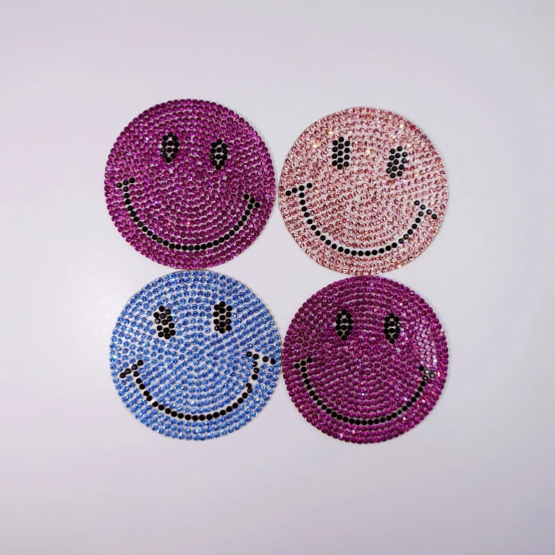 Free sample factory wholesale iron on smiley face crystal products tshirt appliques