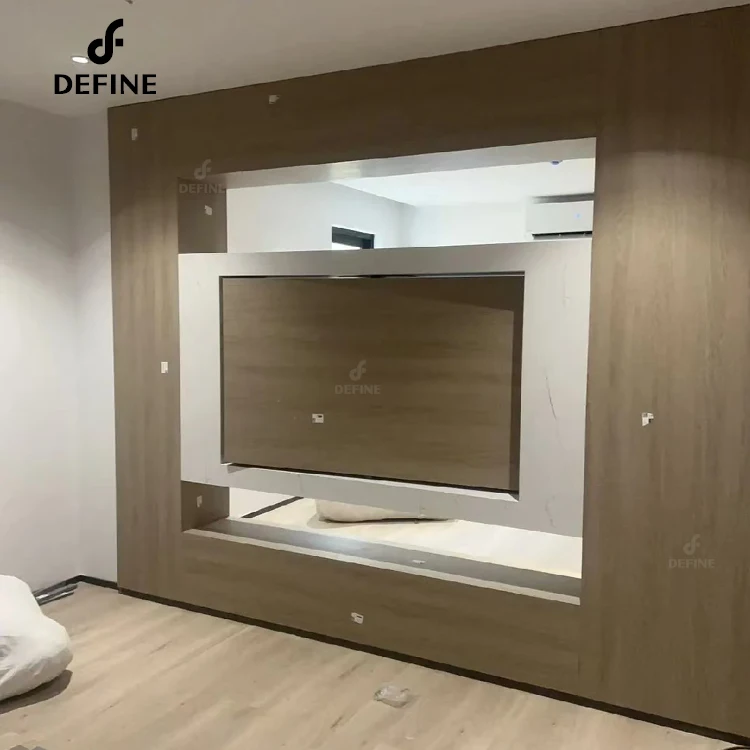 Latest Modern Design Metal TV Mount Marble Grain Panel Background Wall Unit Wooden Rotating TV Cabinet