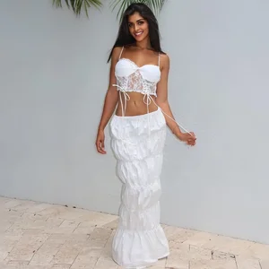 JY S4516404A Summer 2024 New Women's Two Piece Skirt Set Fashion Sexy Strapless Halter Lace-up Tops Slim Pleated Skirt Suit