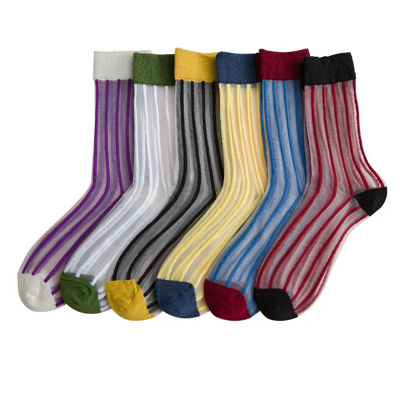 korean stripes design nylon crystal silk transparent sheer socks