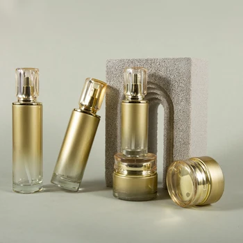 Luxury custom colored airless travel bag with pump round cosmetic bottle  gold and white glass bottles