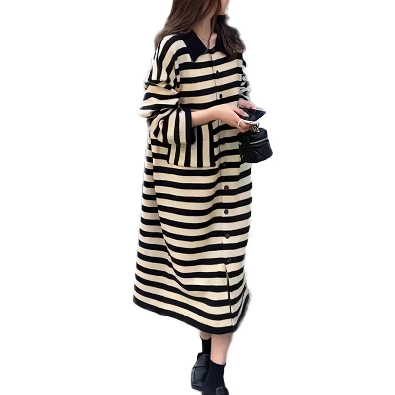 New Arrived Korean Fashion Polo Button Long Sweater Dress Daily Wear  Straight Pullover Knitted Striped Midi Sweaters For Women - Buy Long Sweater ,Women's Sweaters,Knit Sweater Product on Alibaba.com
