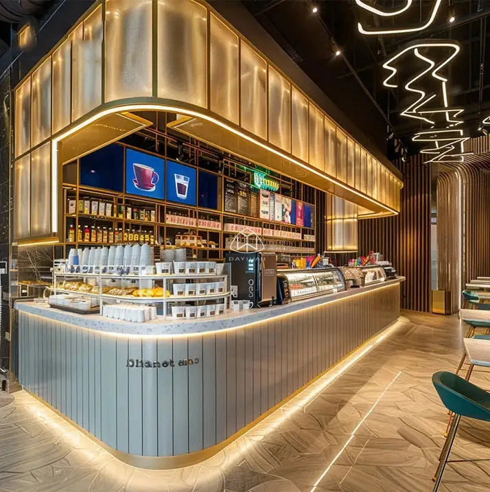 Modern 3D L-Shape Commercial Counter for Coffee Shops and Food Stores for Cafe Bar Display with LED Lighting