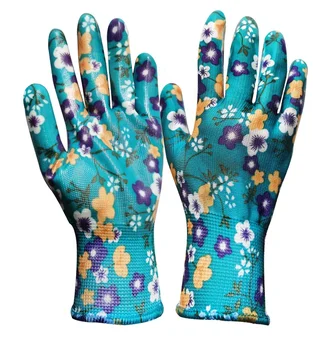 GD3002 Flower printed Nylon Gardening glove Transparent Nitrile palm coated women work hand gloves for lady