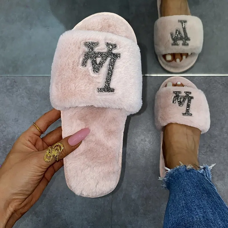 New Arrival Luxury Fluffy Slippers Flat Plush Faux Fur Indoor Bedroom