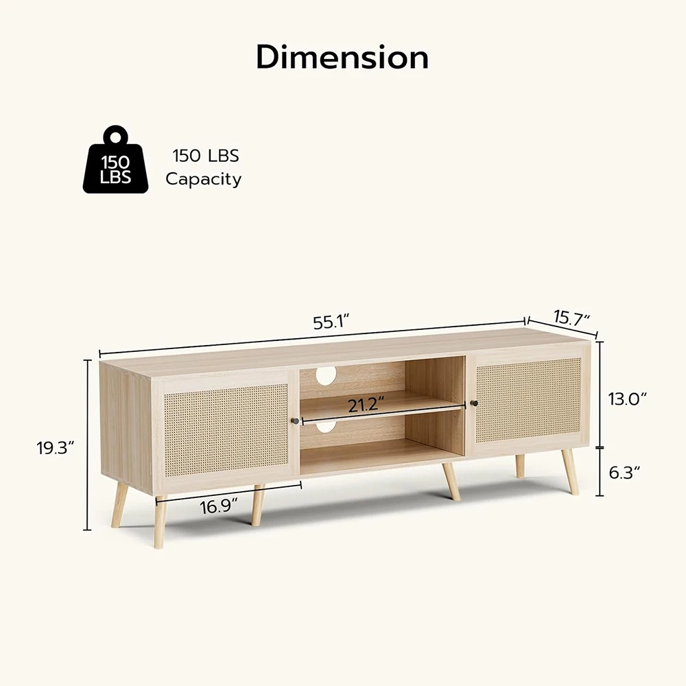 Modern TV Stand for TVs up to 65'' 2 Cabinets Rattan Door & Wooden Shelves Entertainment Center for Home Living Room manufacture