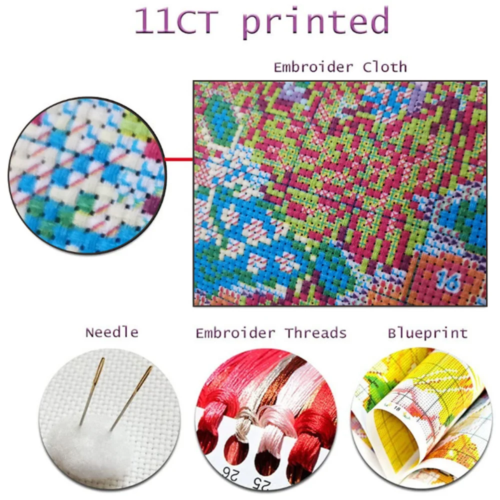 Needlework Printed Cross Stitch Colorful Village Scenery Diy Cross Stitch Kits Embroidery