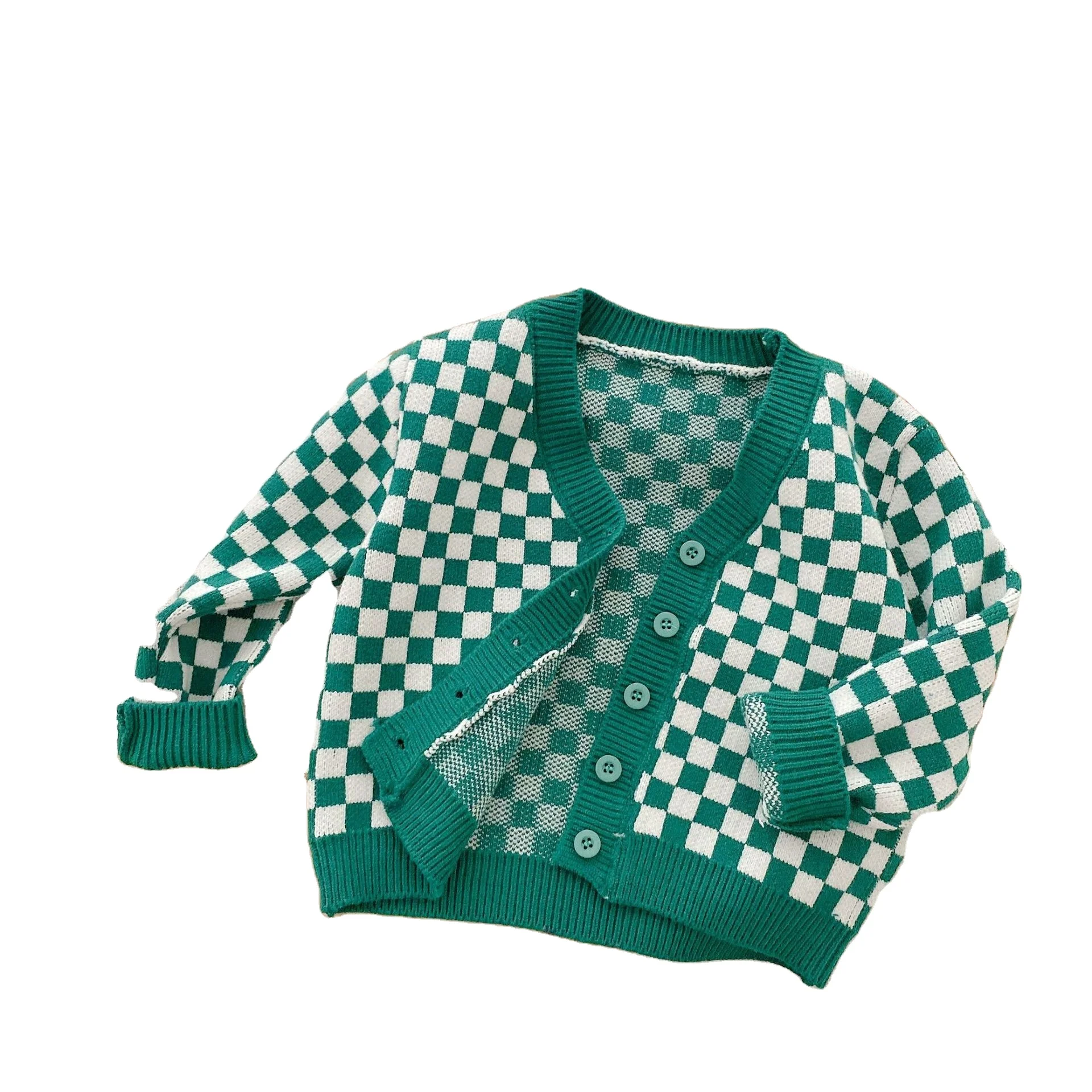 Весенне-осенний Хлопковый вязаный зеленый свитер в клетку иностранном стиле для маленьких девочек