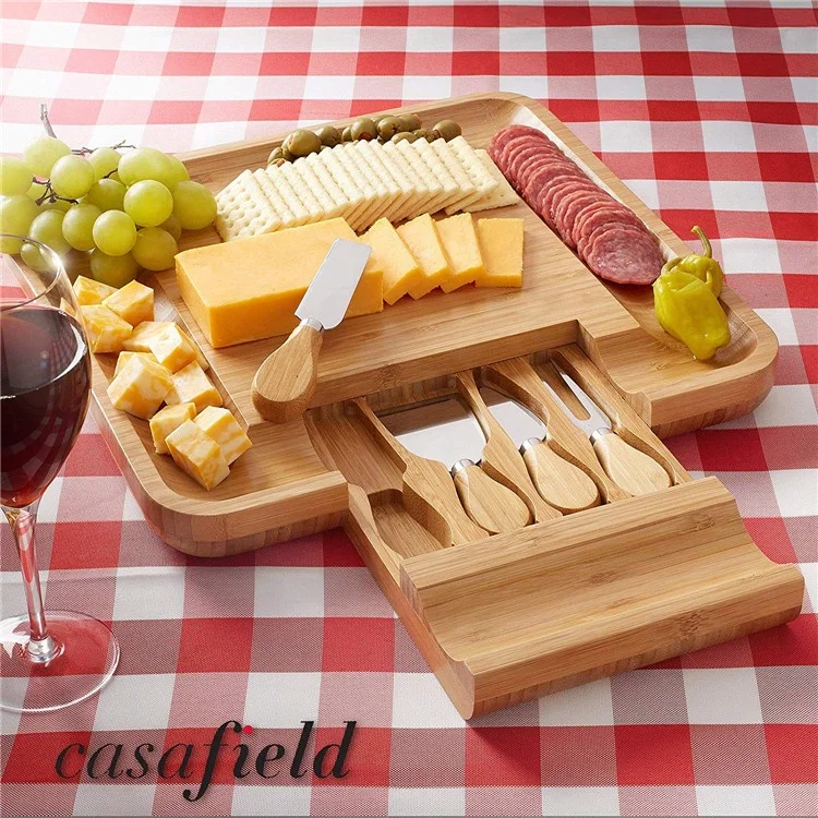 Бамбуковая доска для сыра с выдвижным ящиком, сырная доска с наборами ножей