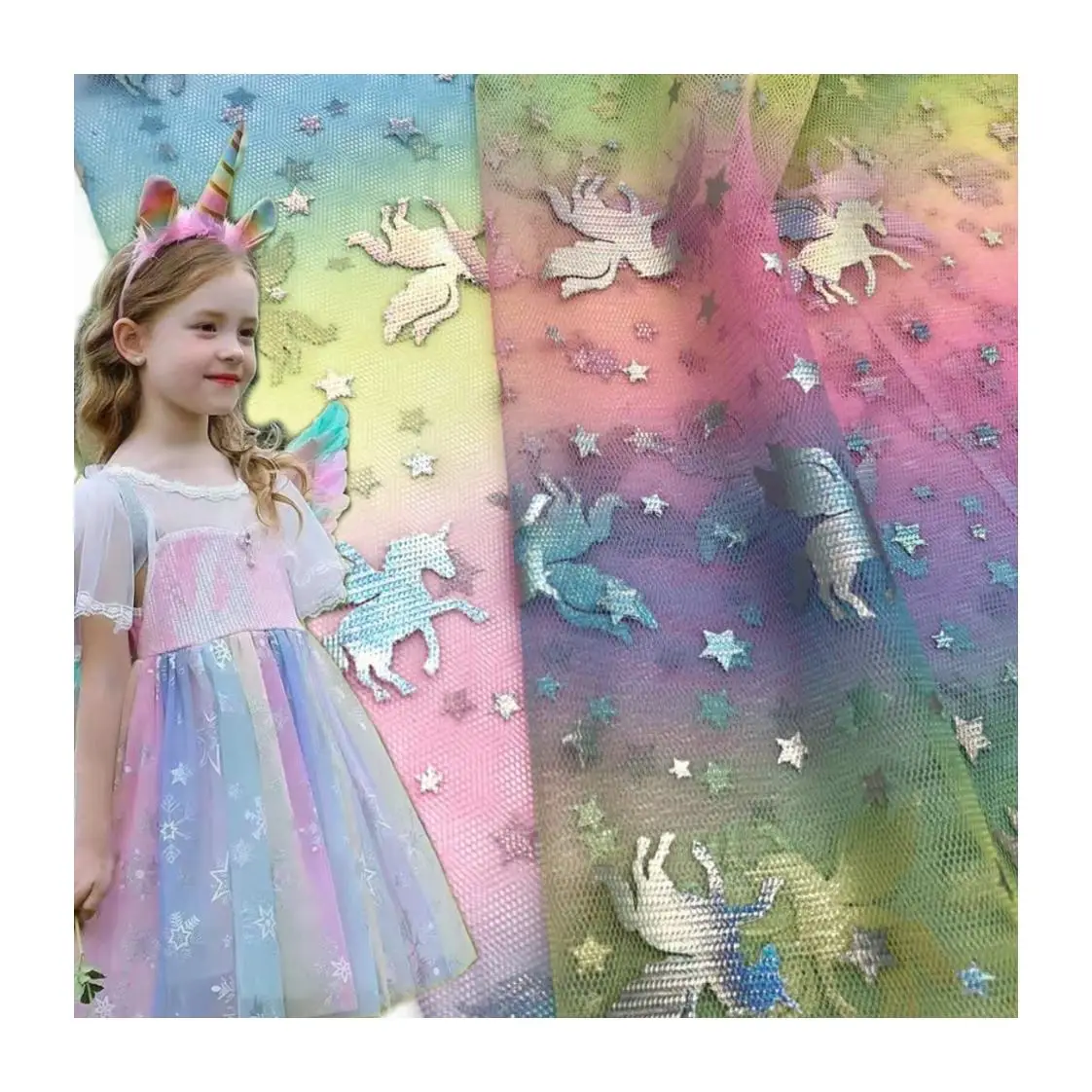 100% Polyester rainbow unicorn Colorful Gradient Dress Sequin Tulle Gold Foil Print Fabric for Children Clothing