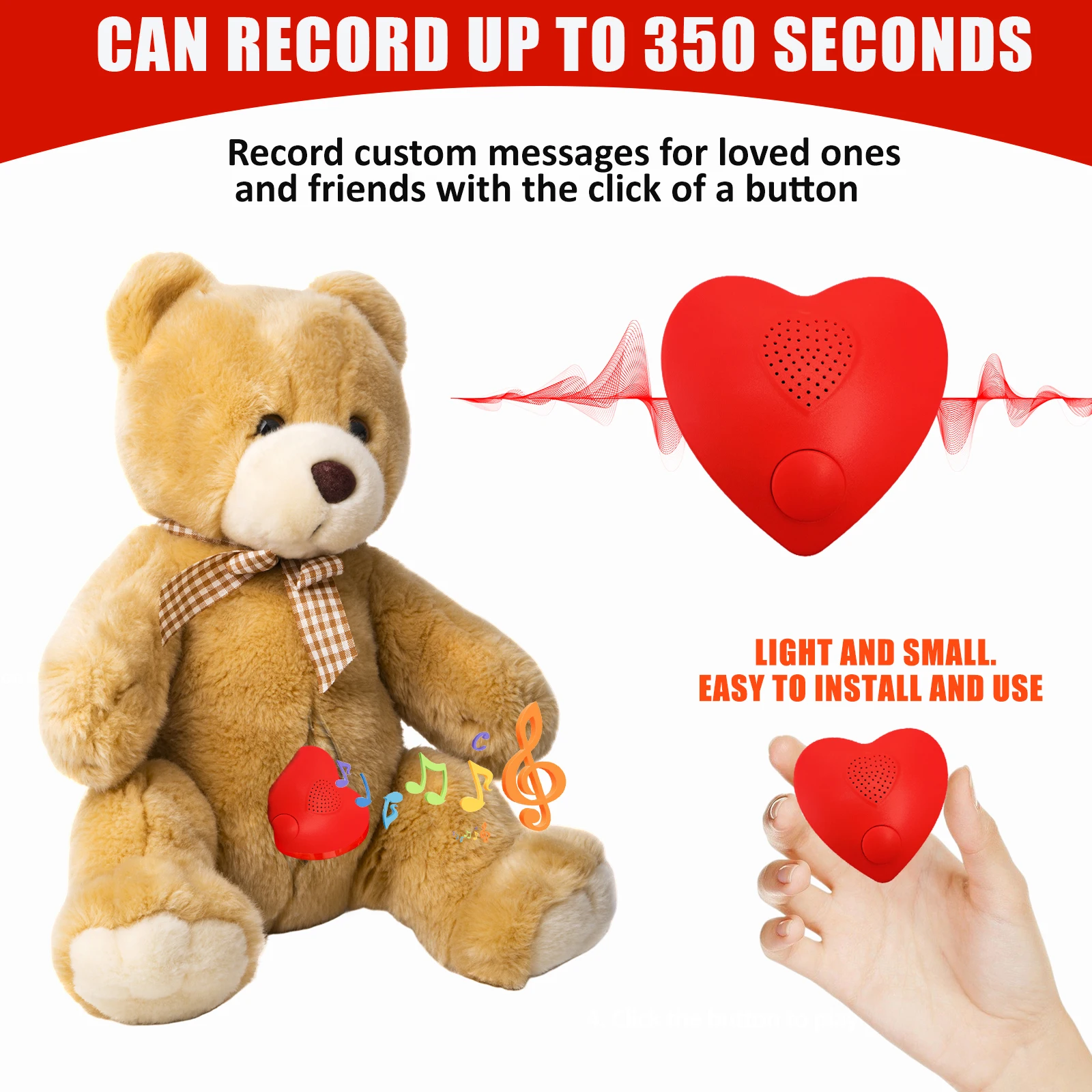 350s Heart-Shaped Real-Time Recording Module Customizable Music Sound Box Speaker DIY Voice Recorder for Stuffed Animals Gift