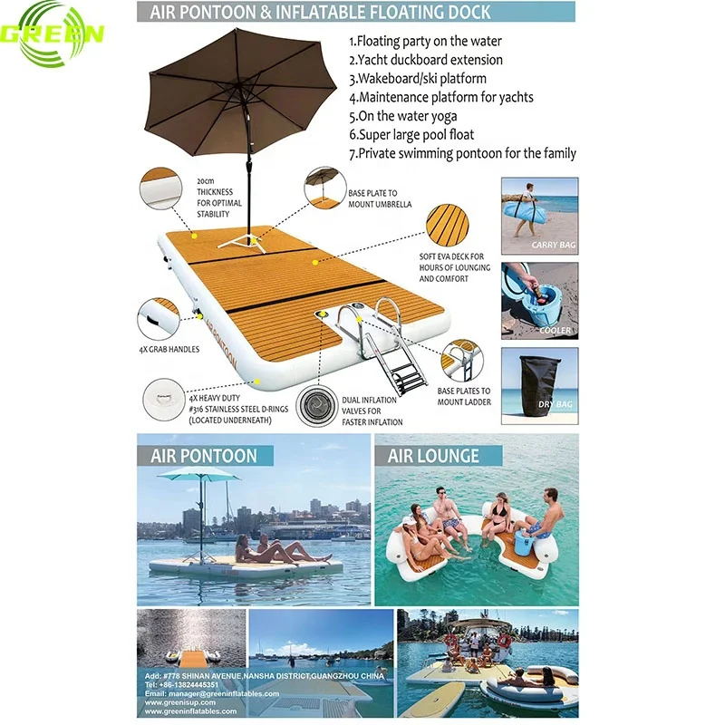 GREEN Inflatable Leisure Yacht Yoga Drop Stitch Platform Deck Hard Pvc Water Swim Pool Floating Dock Mat with Ladder for Lake