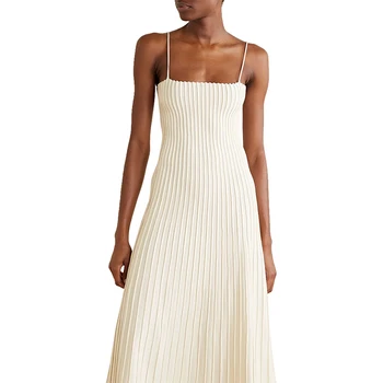 Lady Elegant Evening Dress Pleated Dresses Simple yet Sensual Ribbed  Knit Midi Dress