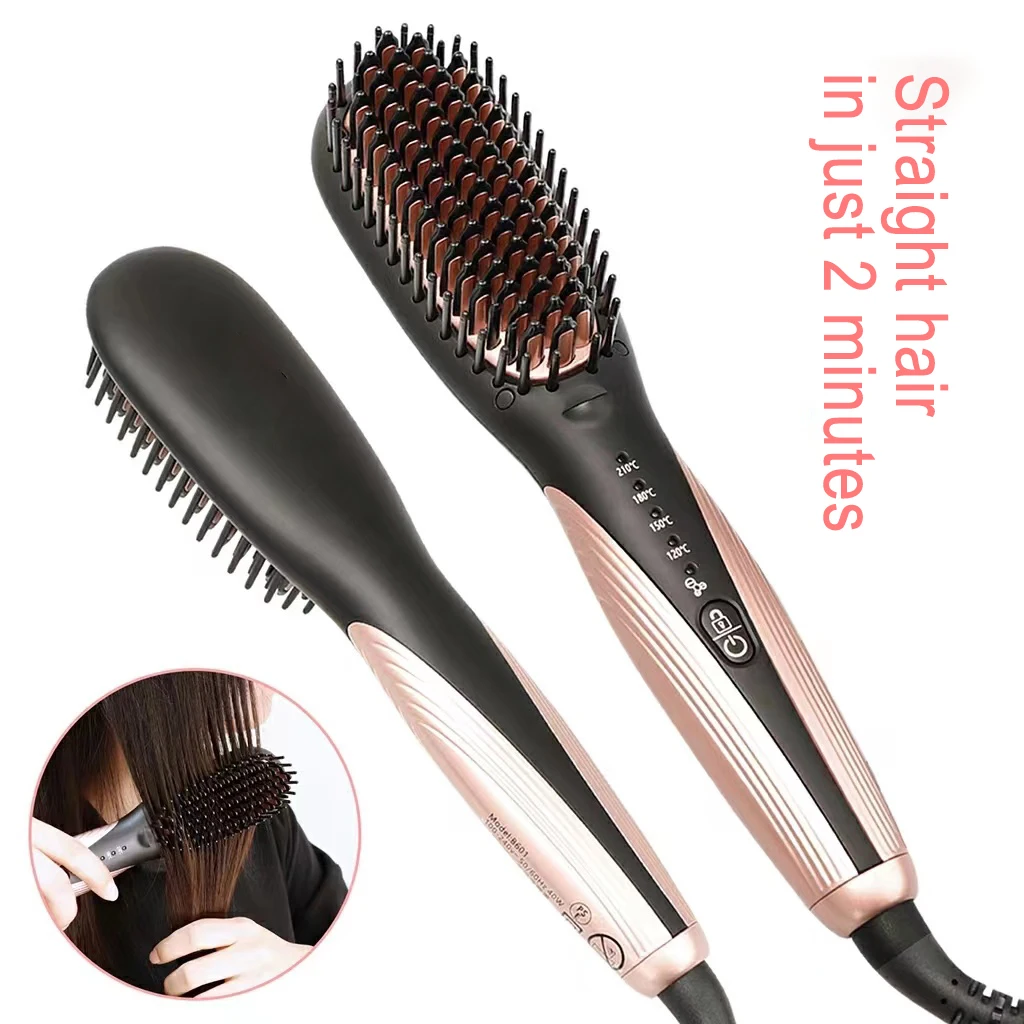Professional Ionic Heating  Hair Straightener Gold Brush Hair Iron 2 in 1 Beard Straightener  Brush for Salon