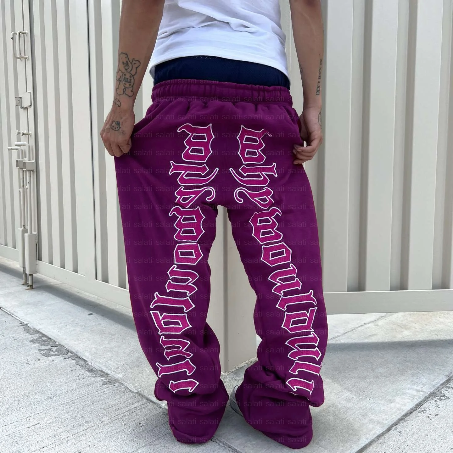Custom Embroidery Cotton Wide Leg French Terry Oversized Baggy Stack Trackpants Tracksuit Track Sweat Pant Flared Sweatpants Men gallery 4