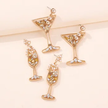 Fashion Zinc Alloy Rhinestone Simulated Pearl Wine Glass Pendant Earring
