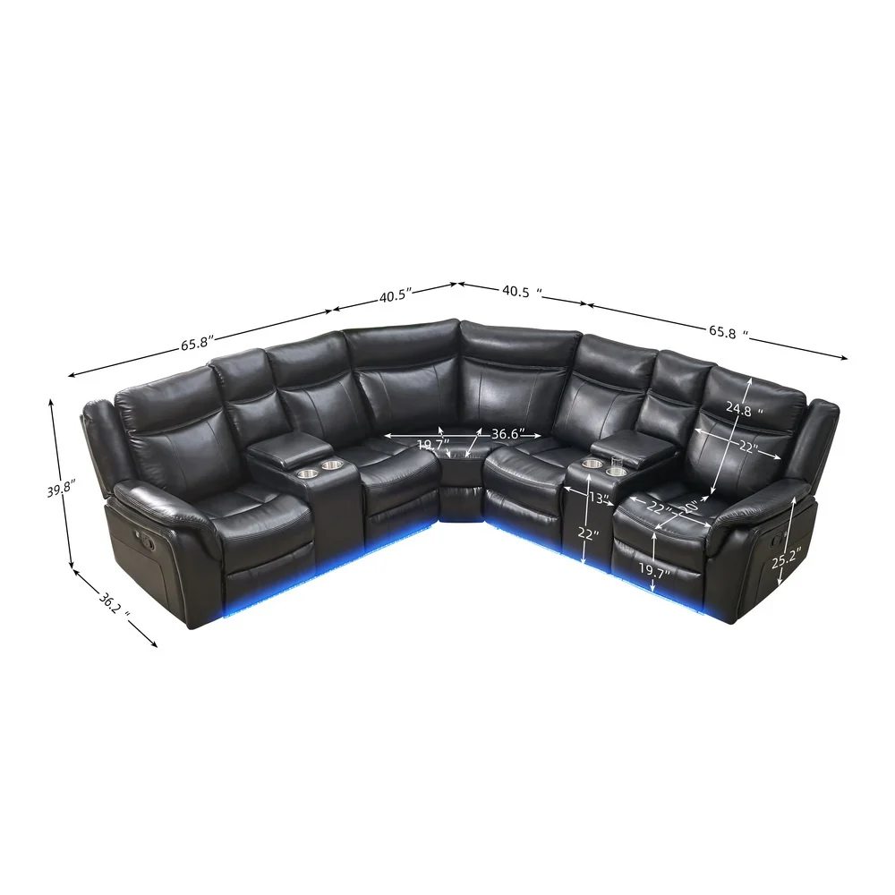 Custom Logo China Supplier Oversize 5 Person Seat Recliner Couch Manual Reclining Sectional Sofa Set with LED Strip