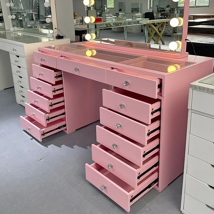Hot Sale Modern Cute 13 Drawer Pink Dresser With Lamp Mirror Wedding Gift Vanity Table for Teenage Girls for Home Use Hot Sale Modern Cute 13 Drawer Pink Dresser With Lamp Mirror Wedding Gift Vanity Table for Teenage Girls for Home Use