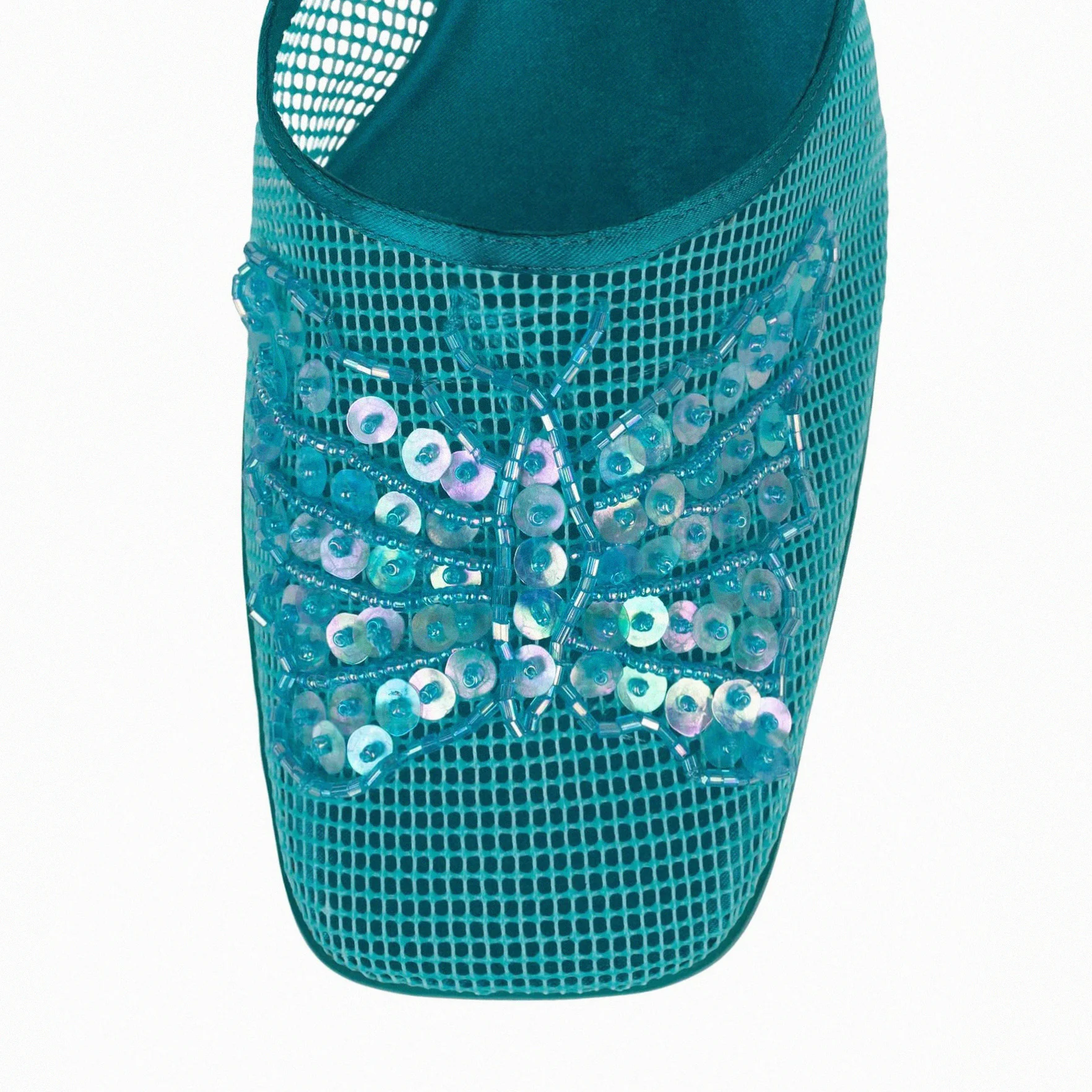 Custom Popular Brand Slide Sandals Mesh Heel Slippers Femmes Beads Sequin Butterfly 6cm Heeled Mules