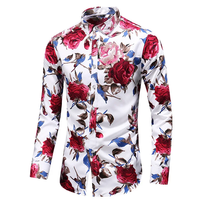 European size men's fashion printing long-sleeved shirt plus size men's rose casual shirt fashion shirts