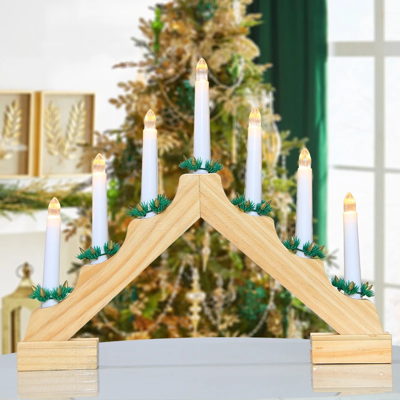 New Design 7L Warm White LED Natural Wooden Candlestick for Home Living Room Decoration