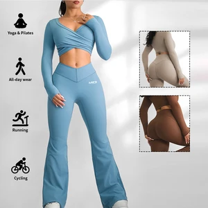 High Quality OEM Sample Women 2-Piece Fitness Yoga Pants Wear Long Sleeve Sports Top Yoga Sets