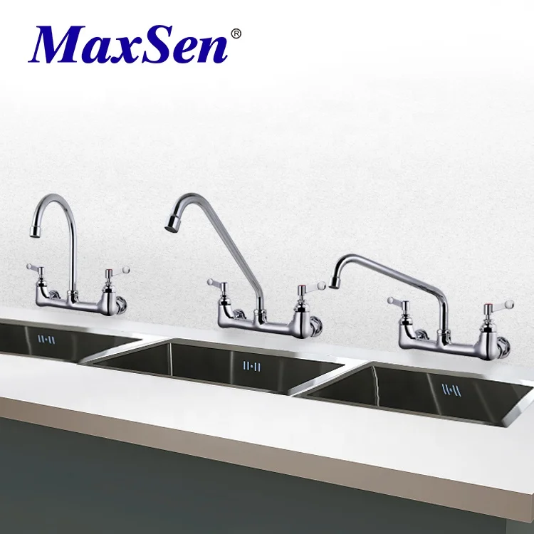 Wall Mounted Kitchen Faucet 6 Inch and 8 Inch Centerset Brass Chrome Wall Mounted Kitchen Faucet with Metal Lever Handles