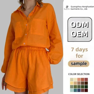 ODM OEM Custom Women's Summer 2-Piece Outfits Ladies Sexy Solid Suits with Long Sleeve Single-Breasted Top Shorts Set