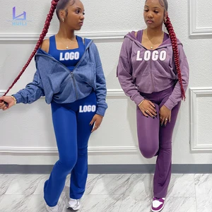 Huili Custom High Quality Two Piece Jumpsuit Vintage Acid Wash Outfits Matching Set Zipper Hoodie & Leggings Activewear Women