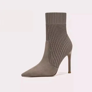 Chic Khaki Women's Ankle Boots Knitted Upper Pointed Toe Stiletto Heel Boots for Fashionable Outfits