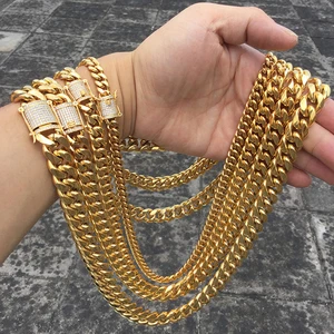 Hip Hop Jewelry 14k 18k Gold Plated Zirconia Button 8mm 10mm Stainless Steel Bracelet Cuban Link Chain Necklace