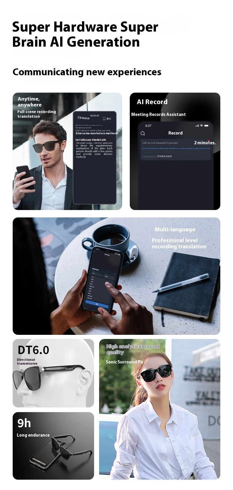 75 Languages Simultaneous Interpretation Real-time Meeting Smart AI Translation Headphones Black Polarized glasses