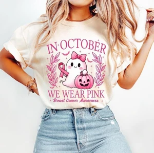 Retro Breast Cancer Awareness Sweatshirt Halloween Pink Ghost Knitted T-Shirt Printed Comfortable Clothing for Breast Cancer