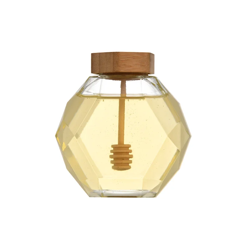 1 pot à miel en verre épais transparent de 380 ml de forme hexagonale avec cuillère en bois et couvercle en liège vide rechargeable pour sirop et ruche pour la maison et