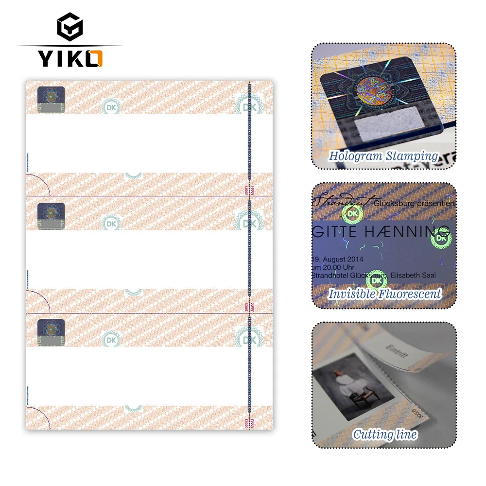 Customize A4 Printable Letter Size Paper Work Ticket Event Ticket Sheets Stub 3 Per Page With Security Hologram Security Tickets