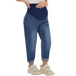 AVOG Maternity Boyfriend Jeans High Waist Stretchy Denim Pants with 4 Pockets Vintage Quick Dry Regular Fit Medium Wash