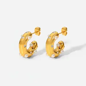 Women's Trendy 18K Gold Circle Earrings with Shiny Stainless Steel and Zircon Natural Pearl CC Shape Ins Hot Jewelry