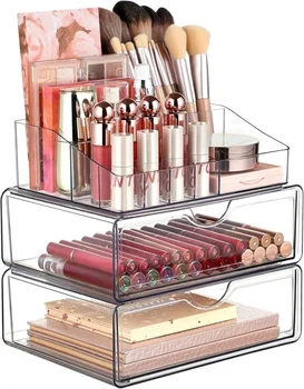 Factory Direct Sales Clear 3 Parts 2 Drawer Desktop Makeup Organizer Custom Clear Plastic Acrylic Cosmetic Storage Box for Home