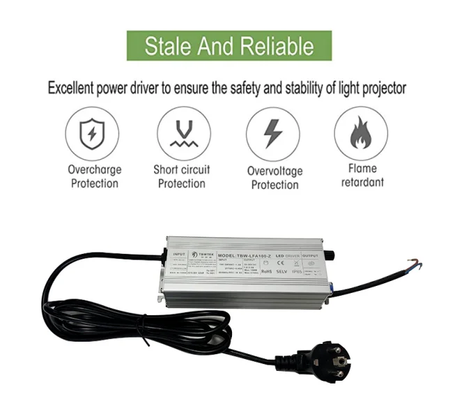 TBW-LFA100 LED Driver LED Power Supply IP67 Waterproof Output 100W DC36V 2.5A 3-Prong Plug 3-5feet