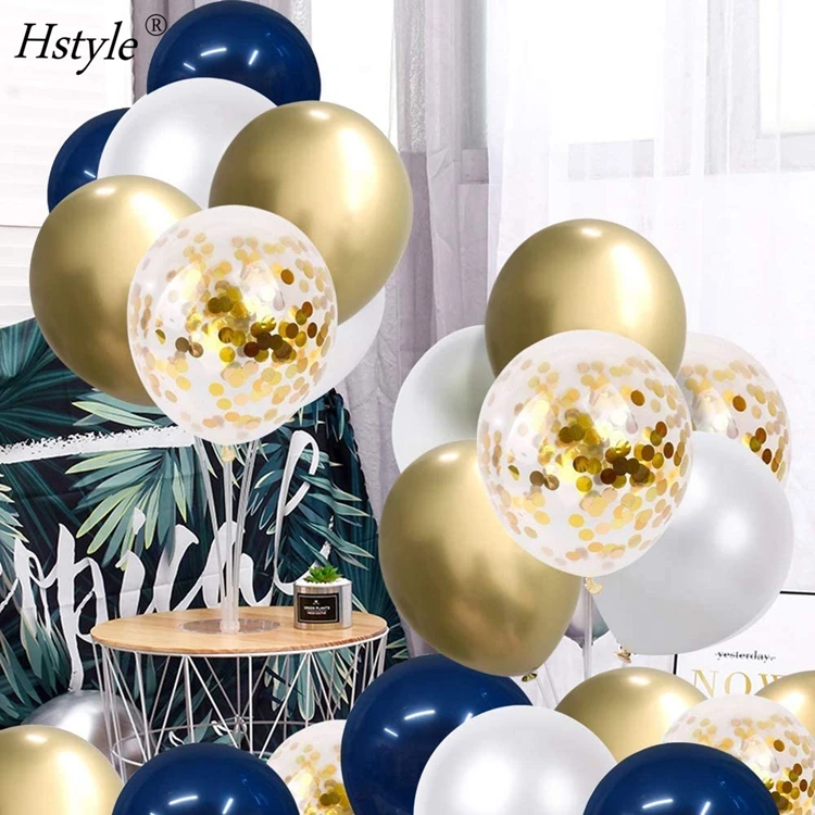 50 Pcs 12 Inch Pearl White And Gold Metall Navy Blue And Gold Confetti Balloons 