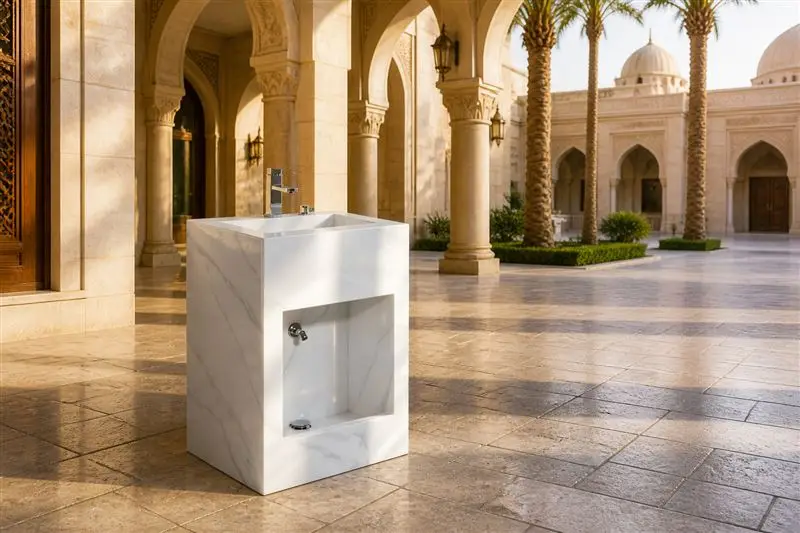 info-1-1 White sintered stone wudu basin in an outdoor mosque courtyard with arches and palms